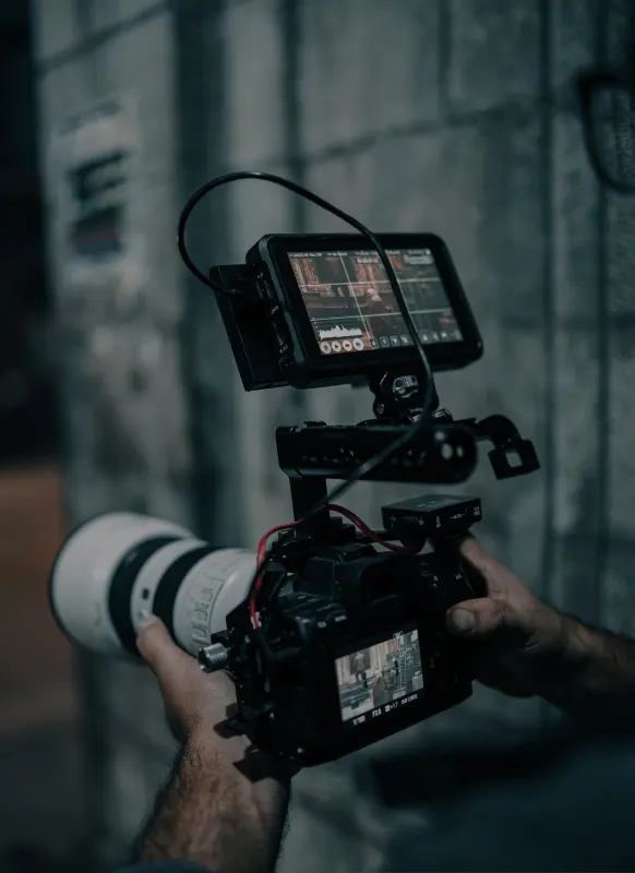 Hands holding a rigged video camera with an external monitor and long white lens